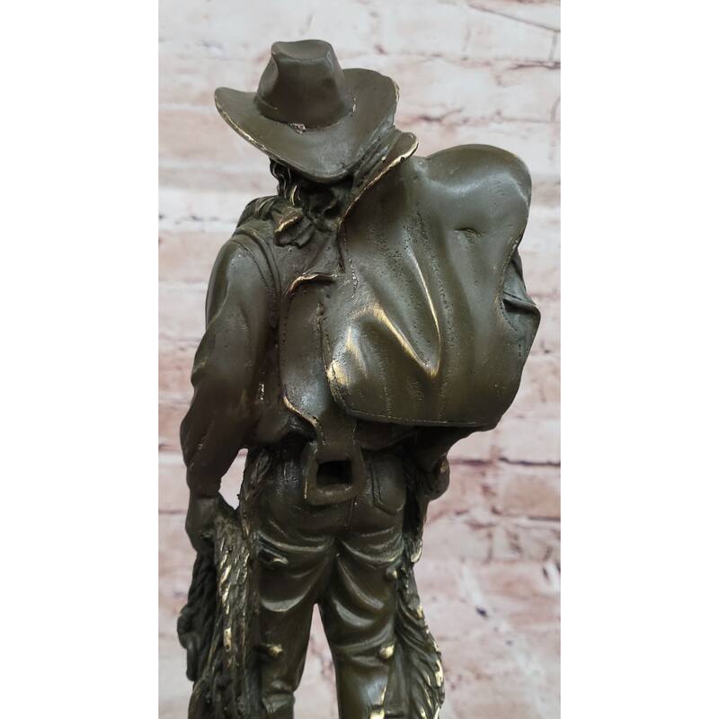 Cowboy With Saddle Bronze Sculpture - Wild West Rancher Western Art