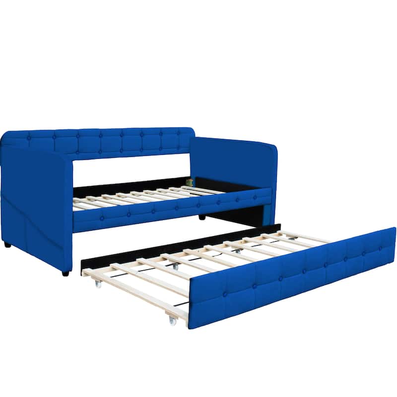 Twin Size Velvet Daybed with Trundle and Tufted Backrest