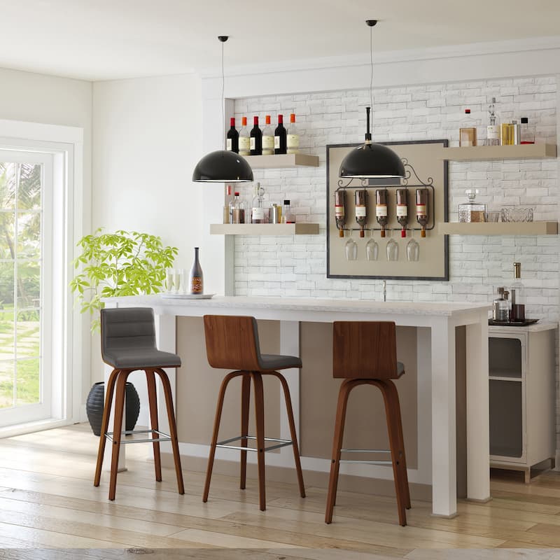 Skara Swivel Bar Stool, Upholstered Bar Height Chair with Bentwood Frame - Grey & Walnut - Set of 3
