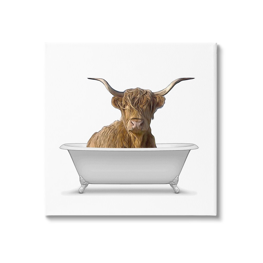 Stupell Longhorn Cattle Bathtub Minimalistic Cute Farmhouse Design Canvas Wall Art