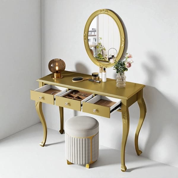 dressing gold Luxury Makeup Vanity Desk with Oval Mirror, 3 Drawers, Elegant Table Console for Bedroom or Entryway Décor - Bed Bath & Beyond high split