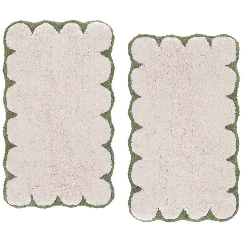 SAFAVIEH Home Tully Scalloped Boarder Bathmat (Set of 2) - Green/White - 21"W x 34"L