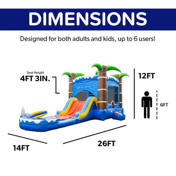 dimension image slide 1 of 2, HeroKiddo 15' Ocean Shark Commercial Grade Inflatable Water Slide with Detachable Splash Pool & Air Blower for Kids and Adult