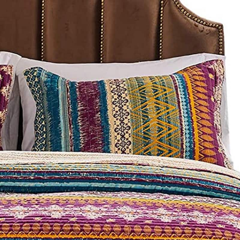 Tribal Motif Print Cotton Twin Quilt Set with 1 Pillow Sham, Multicolor