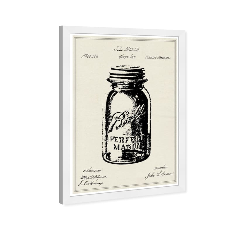Wynwood Studio Prints Food and Cuisine Mason Glass Jar Patent 1 Black and Antique White Farmhouse Wall Art Canvas Print