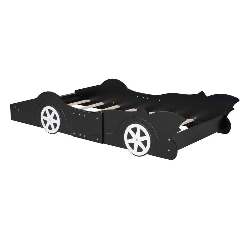 Twin Size Race Car-Shaped Platform Bed with Wheels, Black, Plywood, Bed Frame