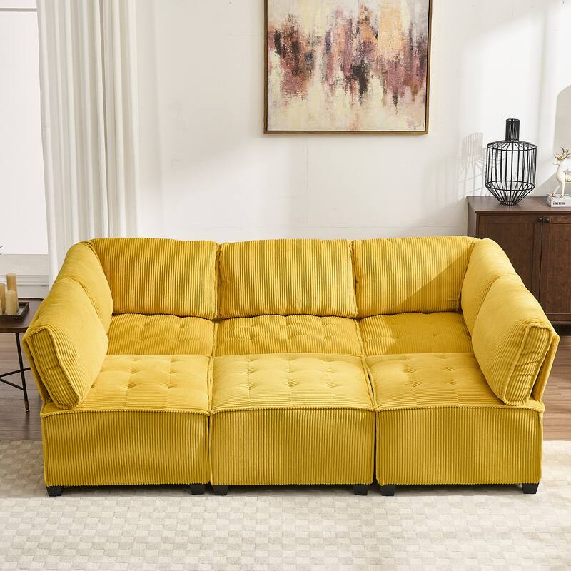 Ergonomic Lounge Modular Couch Corduroy Sectional Sofa with Deep Seat Ottoman Chaise and High-Rebound Thick Cushions - Yellow