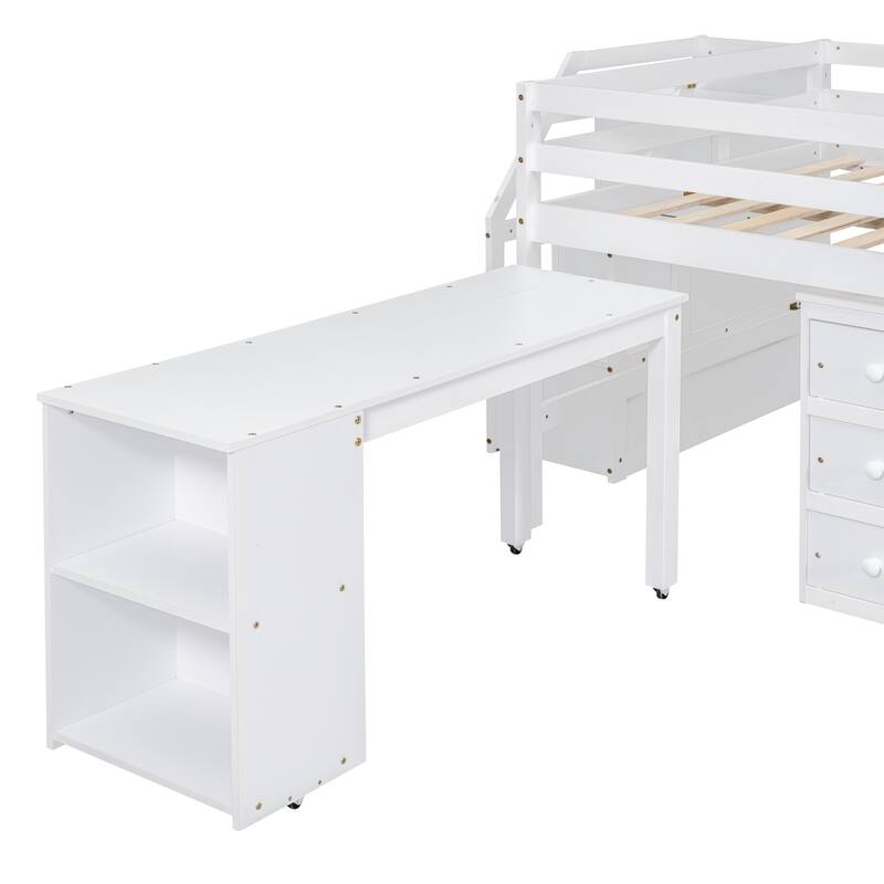 Pine Wood Bed Low Loft Bed with Retractable Writing Desk, 3 Drawers