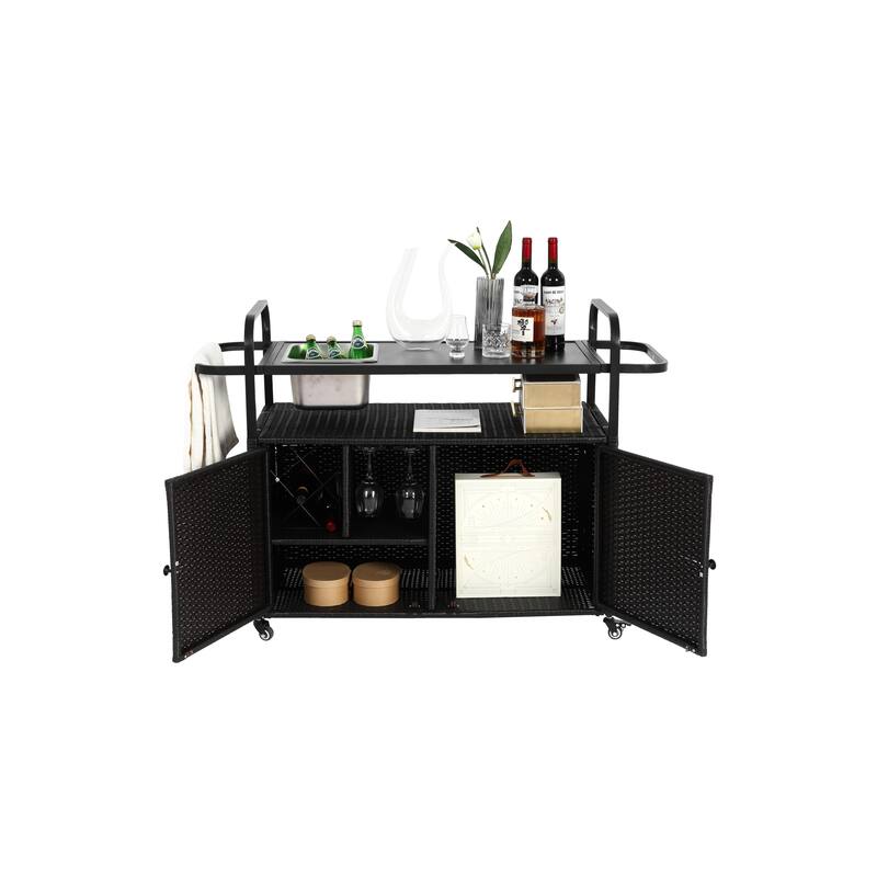 Outdoor Bar Table, Wicker Bar Cart with Cabinet, Patio Serving Cart with steel Top, with one ice bucket,Lockable Wheels