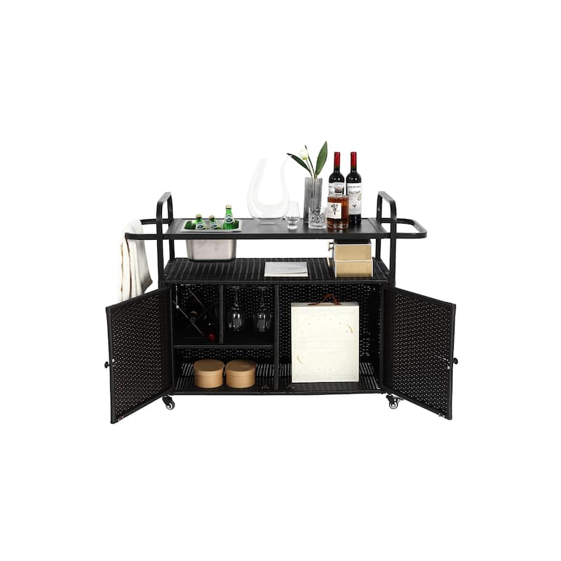 Outdoor Bar Table, Wicker Bar cart with Cabinet, Patio Serving cart with steel Top, with one ice bucket,Lockable Wheels