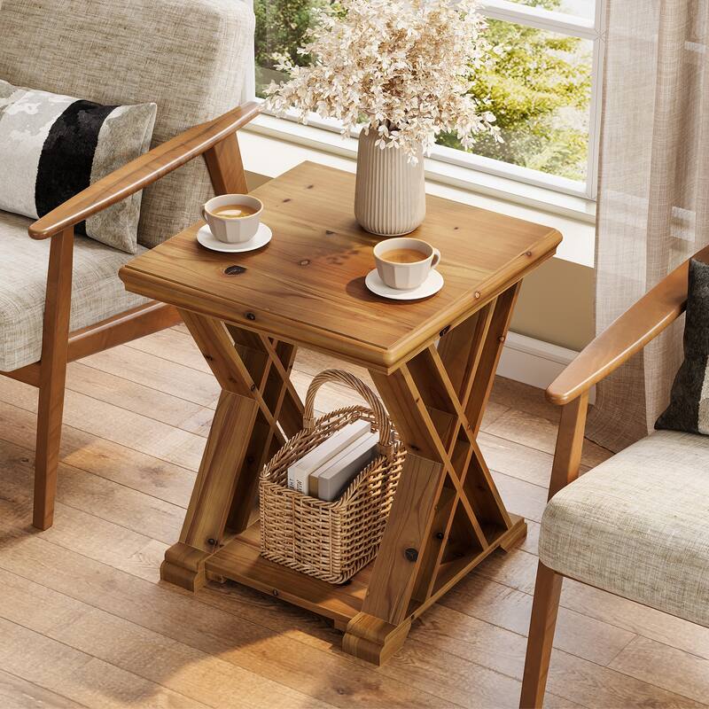 Solid Wood End Table, 2-Tier Side Table with Geometric X-Shape Design