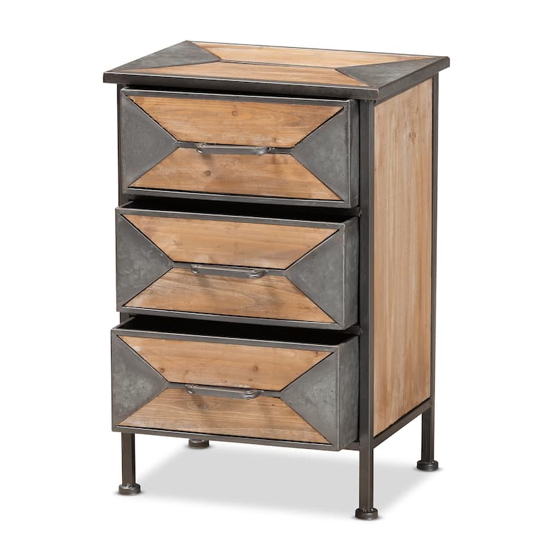 Baxton Studio Laurel Rustic Industrial Antique Grey Finished Metal and Whitewashed Oak Brown Finished Wood 3-Drawer End Table