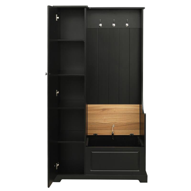 Hall Tree with Flip-Up Storage Bench, Entryway Cabinet with Adjustable Shelves, Coat Hooks, Wood Shoe Cabinet for Hallway