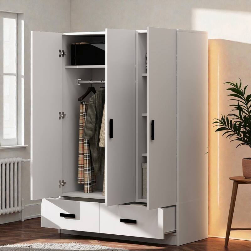 3 Door Wardrobe Closet with Drawers, Shelves and Hanging Rod, White Wooden Bedroom Armoire Storage Cabinet