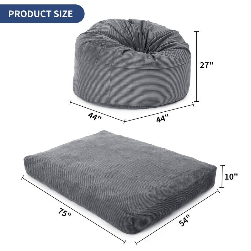 2-in-1 Convertible Bean Bag Chair Bed, Full Size Floor Mattress