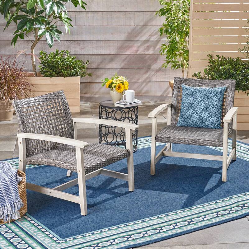 Hampton Outdoor Wood/Wicker Club Chair (Set of 2) by Christopher Knight Home - grey/mixed black