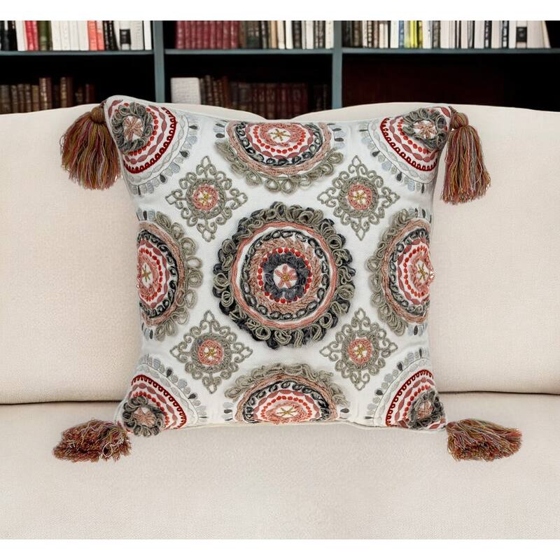 HomeRoots 18" Red and White Floral Cotton Throw Pillow With Embroidery, Tassels - Accent - Polyester