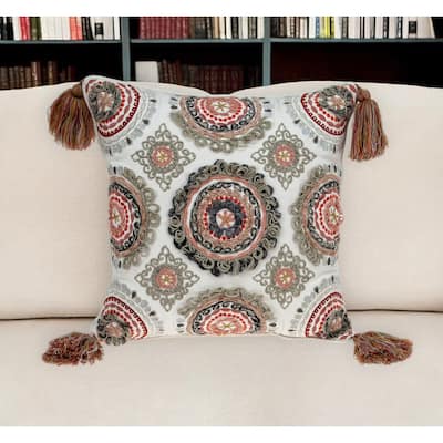 HomeRoots 18" Red and White Floral Cotton Throw Pillow With Embroidery, Tassels