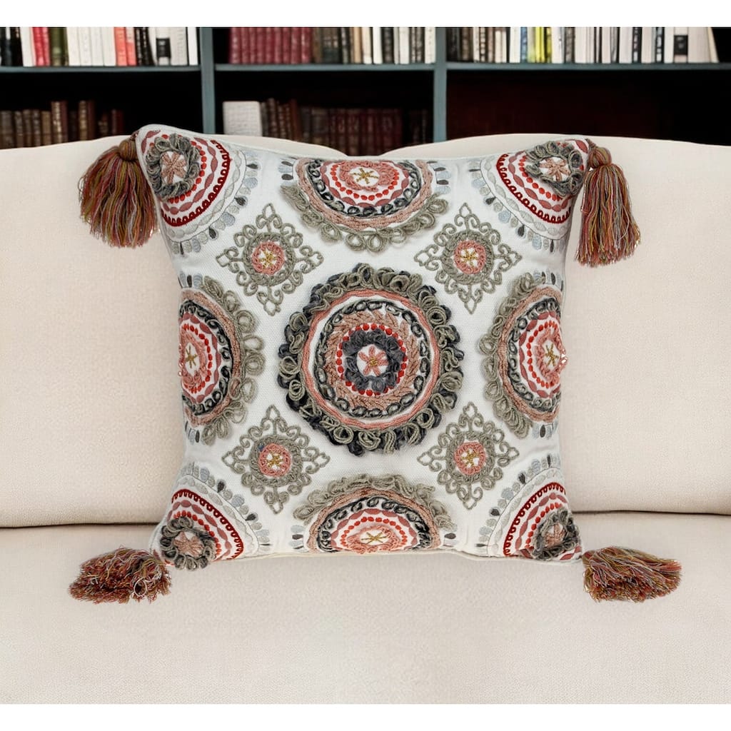 HomeRoots 18" Red and White Floral Cotton Throw Pillow With Embroidery, Tassels