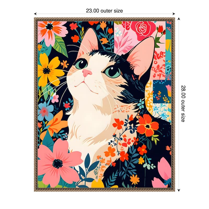Floral Patchwork Cat by Kintsugi99 Framed Canvas Wall Art - 23 x 28 in