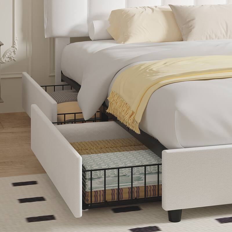 White Bed Frame with 4 Storage Drawers, Upholstered Platform Bed Frame with Adjustable Headboard