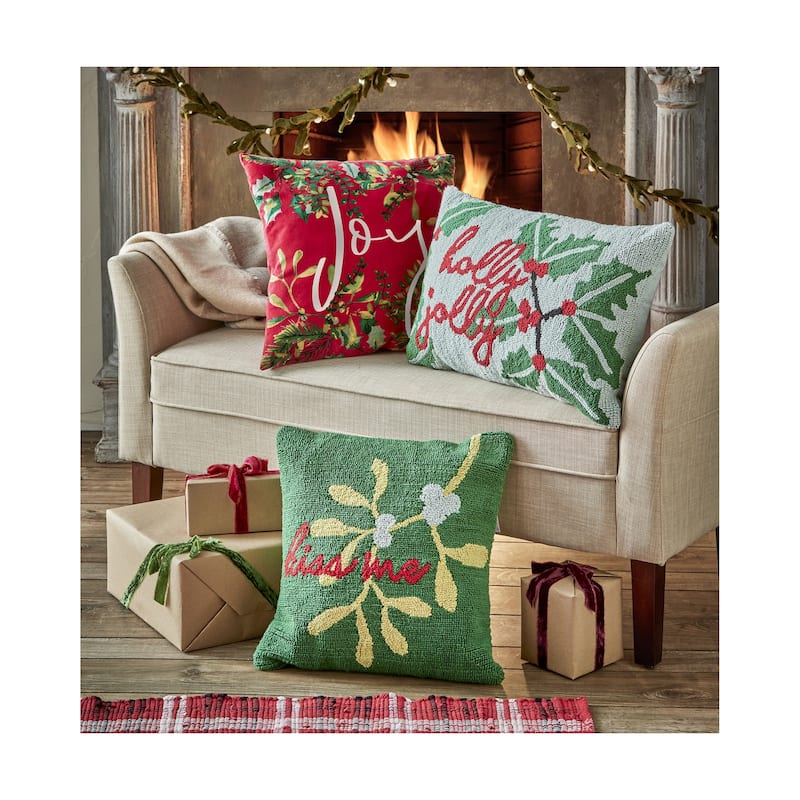18"x18" Christmas Green Kiss Me Mistletoe Needle Tufted Cotton Accent Decorative Throw Pillow