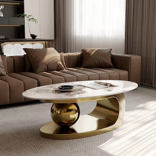 slide 2 of 36, 51" Modern Pandora Oval Coffee Table with Glossy Sintered stone top, Luxury Coffee Table, Stainless Steel Legs for Livingroom