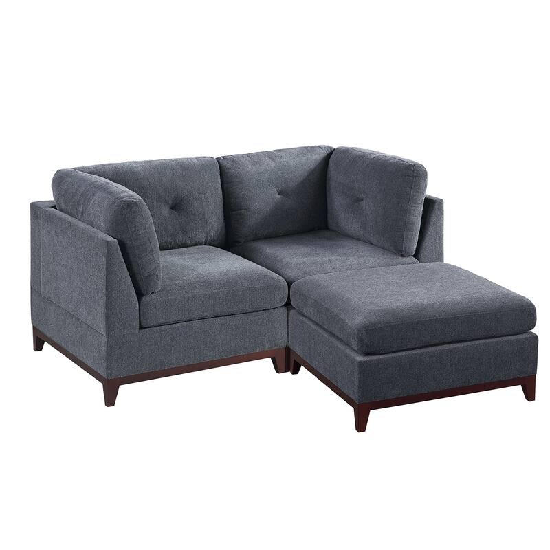 3 Piece Chenille Fabric Modular Corner Sofa and Ottoman Set - Ash Grey
