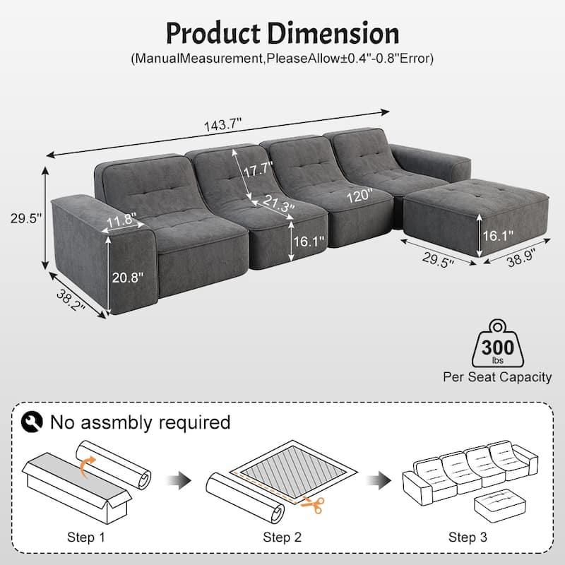 GDFStudio - Modern 143.7" Tufted Chenille Upholstered Modular Sectional Sofa Set with Removable Ottoman & Ergonomic Design