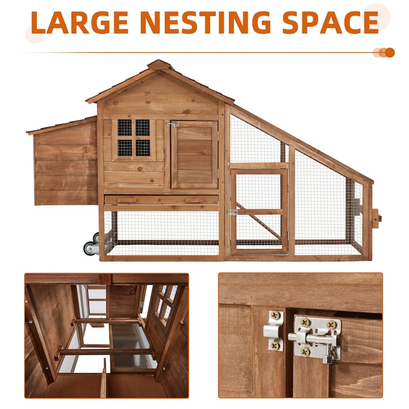 EROMMY Wooden Chicken Coop – 71” Mobile Poultry Tractor with Nesting Box, Wheels, Waterproof Roof & Pull-Out Tray - 71"x29"