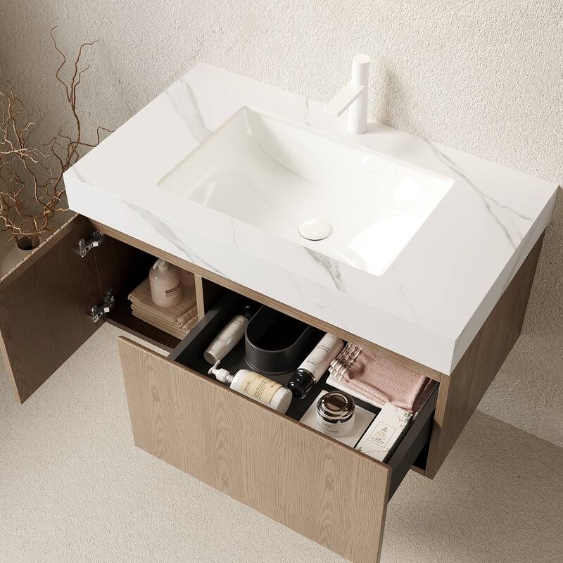 Floating Bathroom Vanity with Sintered Stone Top and Undermount Ceramic Basin