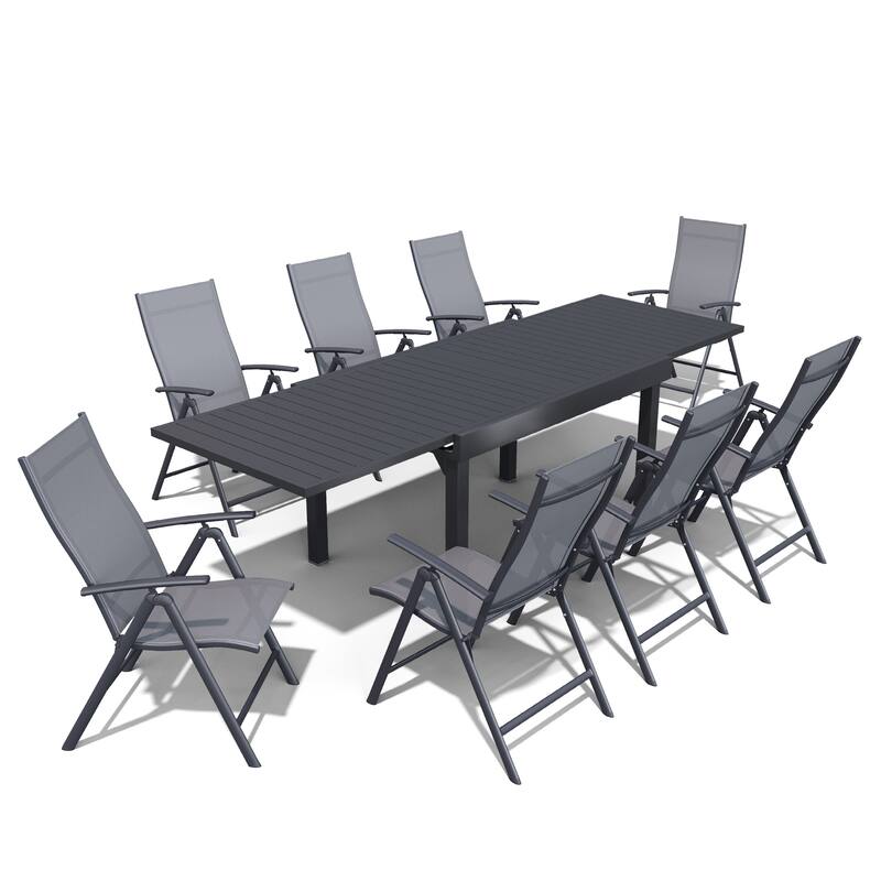 Outdoor Extendable Patio Dining Table with Durable Adjustable Reclining Folding Chair - 106.2in-Black-Table&Grey-Chair