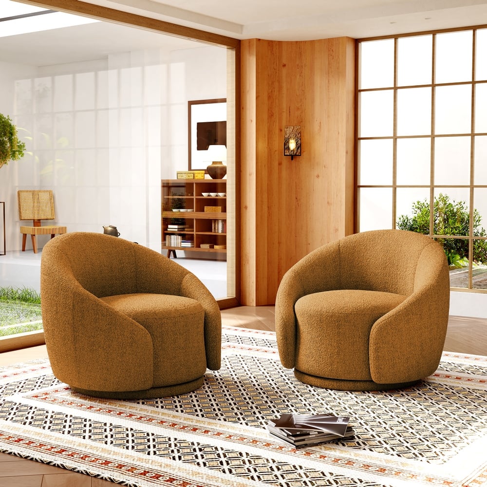 Boucle Barrel Chair Upholstered 360°Swivel Armchair Set of 2
