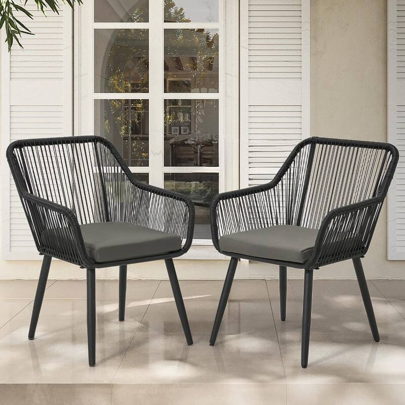 Outdoor Patio Dining Chairs Set of 2, Wicker Rattan Balcony Chairs with Removable Cushions, Ergonomic Armrests and Backrest