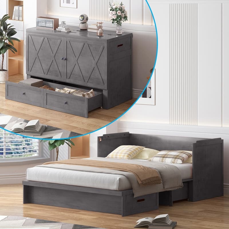 Mixoy Queen Size Murphy Bed with Charging Station & Storage Drawer,Space-Saving Design,Optional Mattress