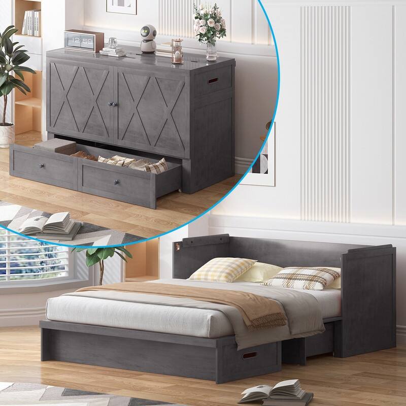 Mixoy Queen Size Murphy Bed with Charging Station & Storage Drawer,Space-Saving Design,Optional Mattress - Grey with Mattress - Queen