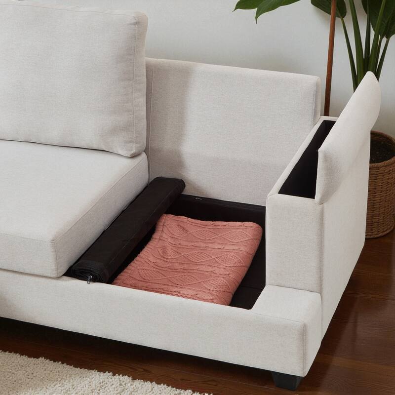 86" L-Shaped Sectional Sofa with Armrest Storage, Movable Ottoman, Thick Cushions, Linen Upholstery for Living Room