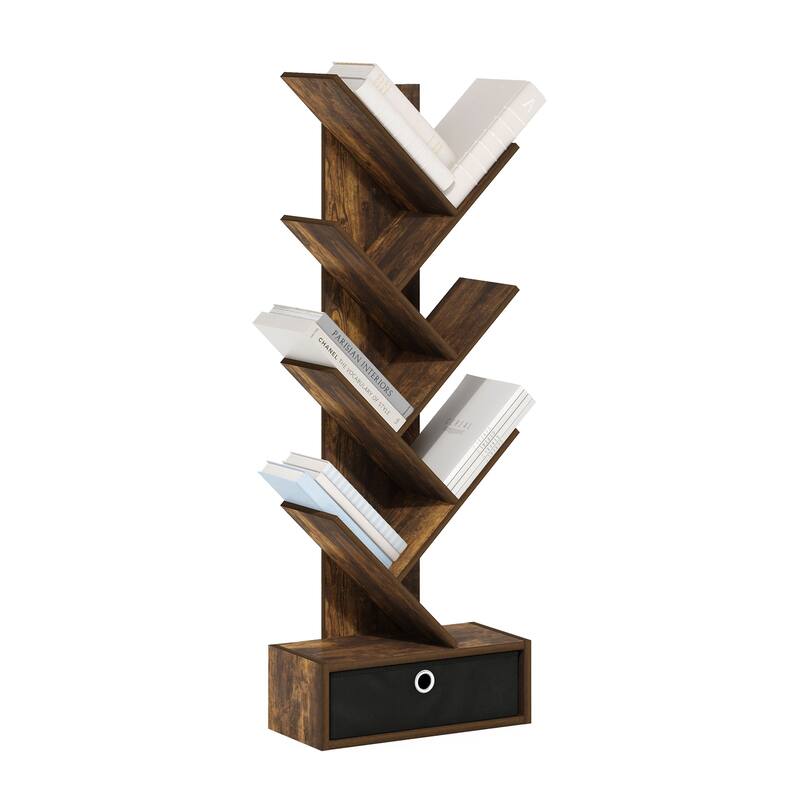 46.18 in. Tall Pine/Black Wood 7-Shelf Bookcase