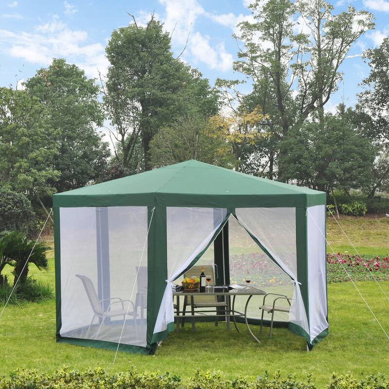 Outsunny 13x13FT Hexagon Gazebo Party Tent with Mesh Screen for Garden Backyard, Green