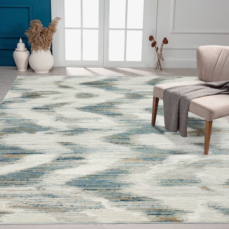 N Natori Bliss Ikat Blue/Grey Modern Area Rug