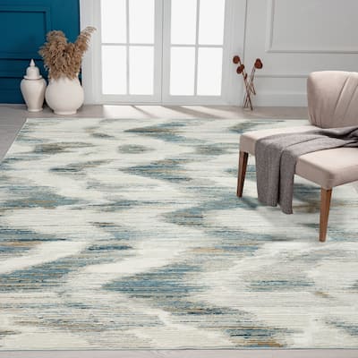 N Natori Bliss Ikat Blue/Grey Modern Area Rug