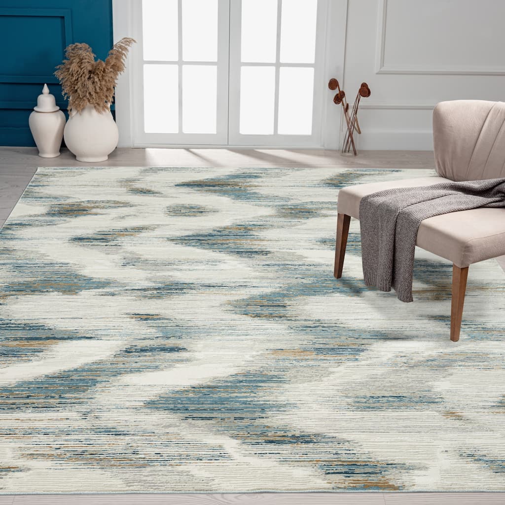 N Natori Bliss Ikat Blue/Grey Modern Area Rug