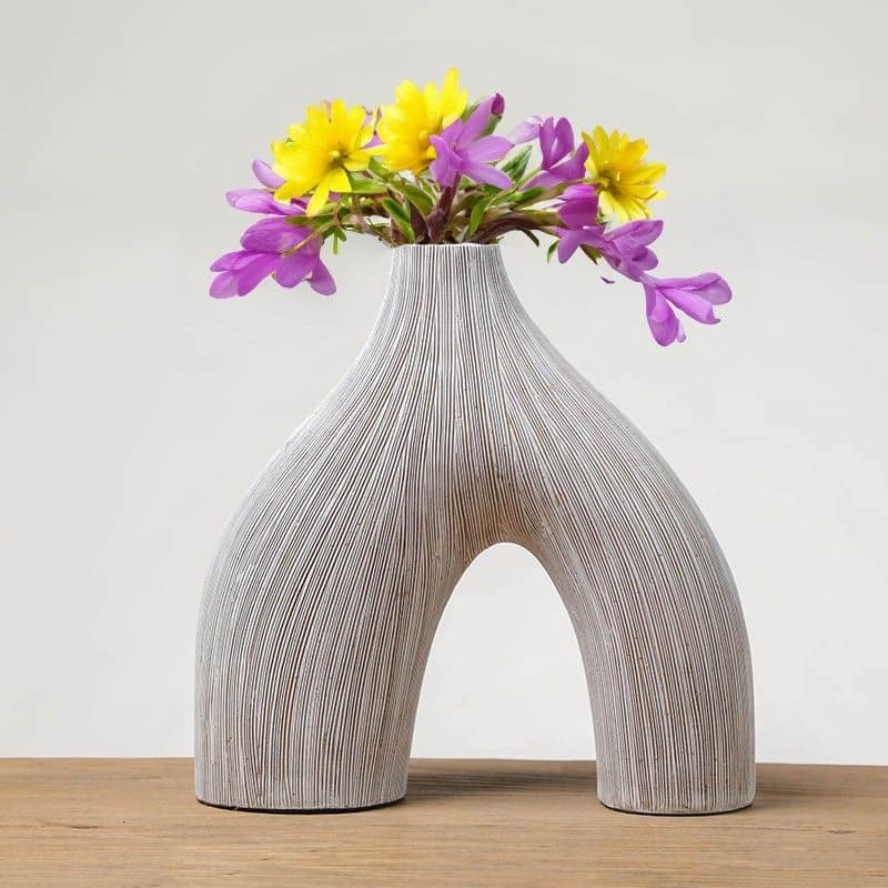 White U Shaped Textured Polyresin Vase for Modern Contemporary Decor