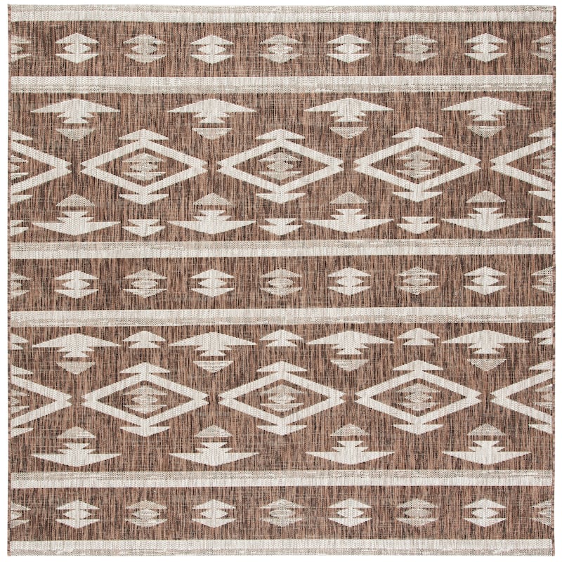 SAFAVIEH Courtyard Fraidel Indoor/ Outdoor Waterproof Patio Backyard Rug - 6'7" Square - Brown/Ivory