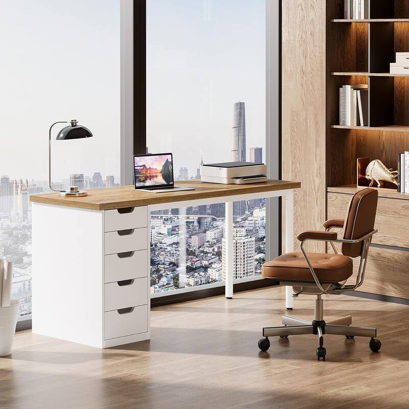 Modern Computer Desk with 5 Reversible Drawers, Storage Home Office Desk, PC/Laptop Desk, Study Writing Table Workstation