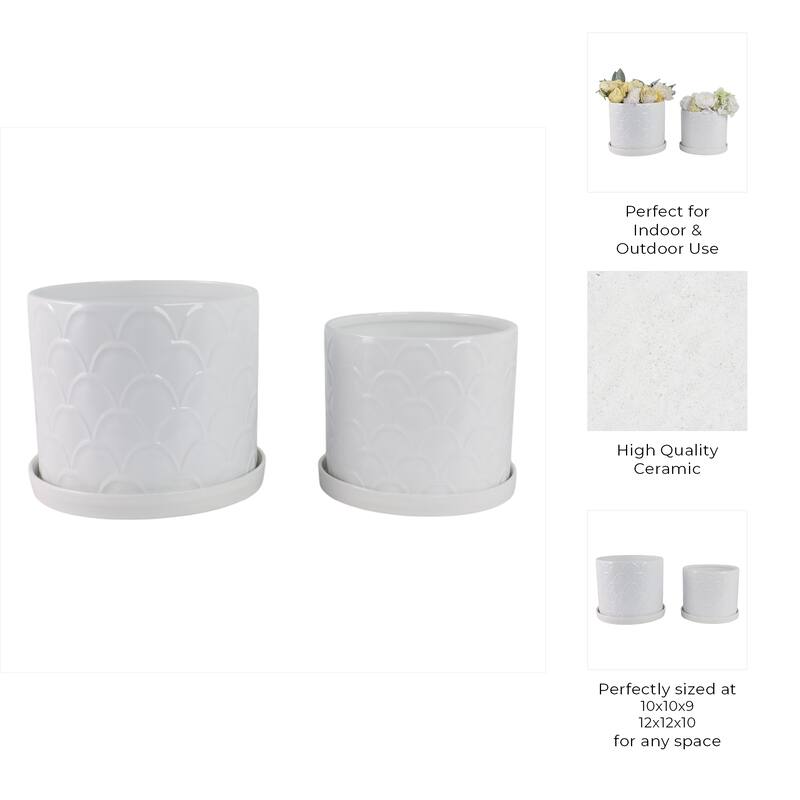 Ceramic Planters with Scalloped Texture (Set of 2) - 12" & 10" White - 11.75" x 11.75" x 10.25"