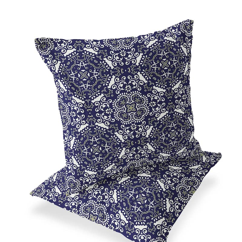 HomeRoots Set of Two 16" X 16" Blue and White Blown Seam Damask Indoor Outdoor Throw Pillow - 16.00' X '16.00' X '5.00