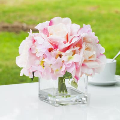 Enova Home Mixed Artificial Silk Hydrangea and Roses Fake Flowers Arrangement in Cube Glass Vase with Faux Water for Home Decor