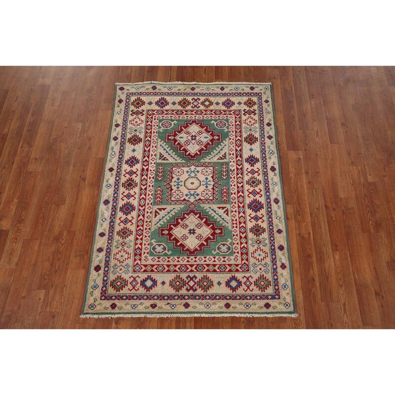 Kazak Oriental Accent Rug Handmade Green Wool Carpet - 3'3" x 4'8"