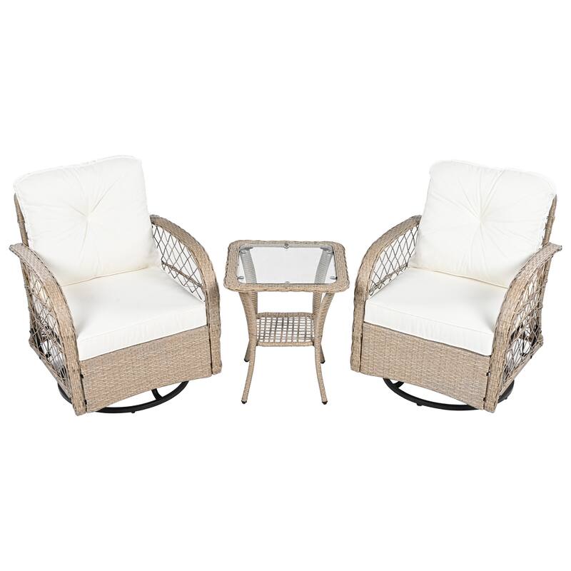 3-Piece Outdoor Rattan Seating Group with 2 Swivel Chairs & 1 Square Table